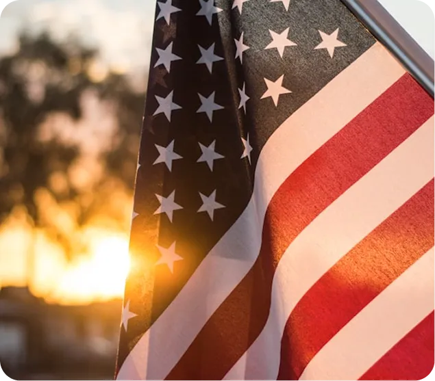American flag with stars and stripes in front of a sunset, trees in the background.